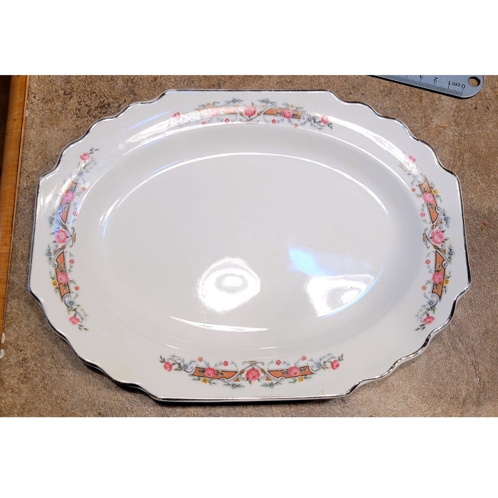 WS George Lido White Oval Serving Platter Pink Rose Floral Scalloped Rim 11.5in